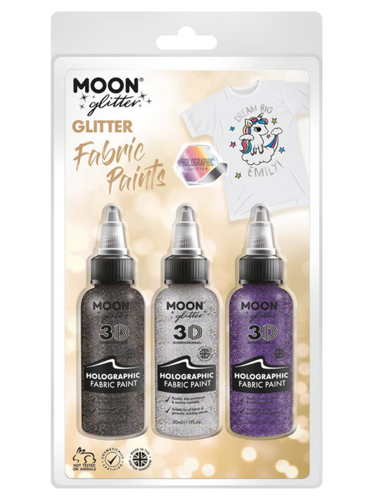 Moon Glitter Holographic Glitter Fabric Paint, Clamshell, 30ml - Black, Silver, Purple