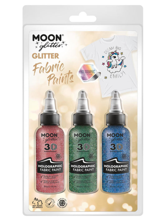 Moon Glitter Holographic Glitter Fabric Paint, Clamshell, 30ml - Pink, Green, Blue