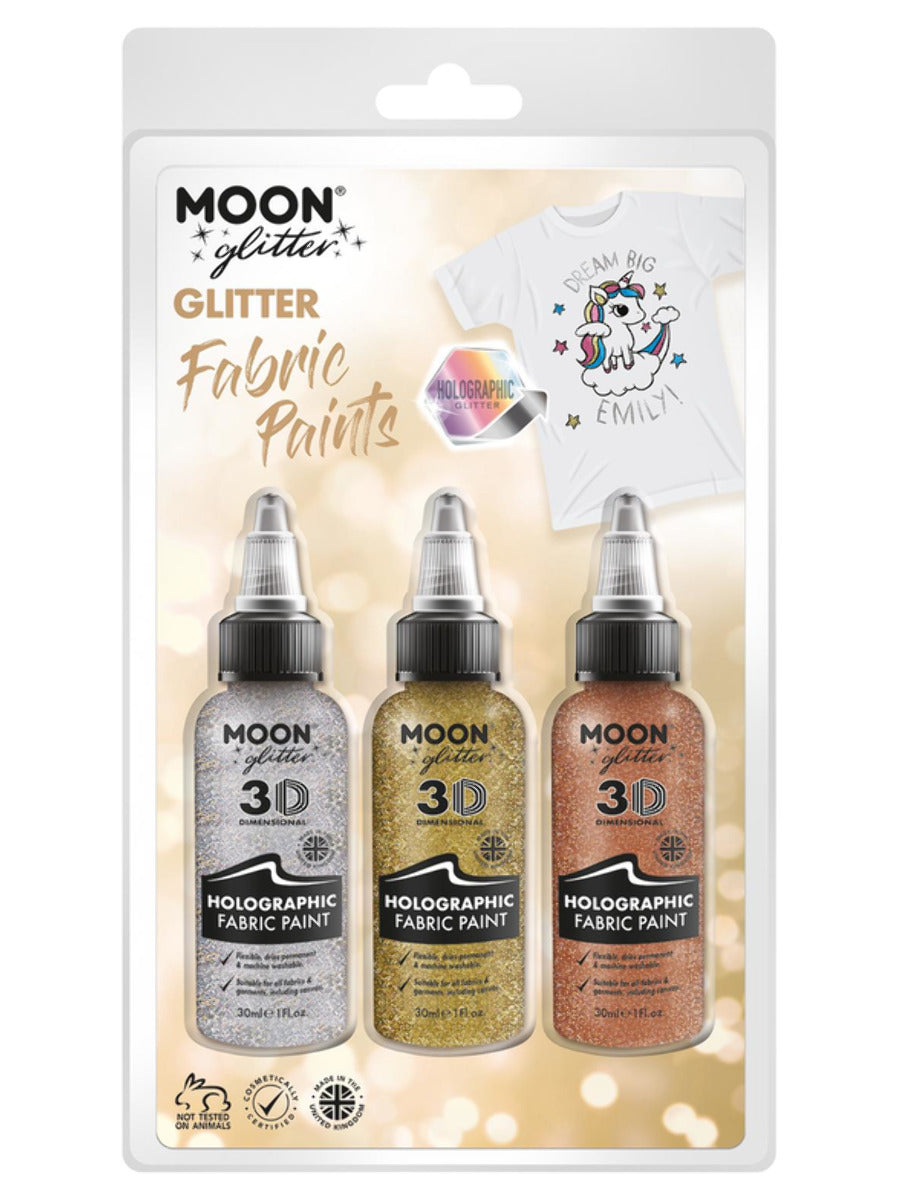 Moon Glitter Holographic Glitter Fabric Paint, Clamshell, 30ml - Silver, Gold, Rose Gold