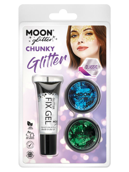 Moon Glitter Classic Chunky Glitter, Clamshell, 3g - Fix Gel, Blue, Green