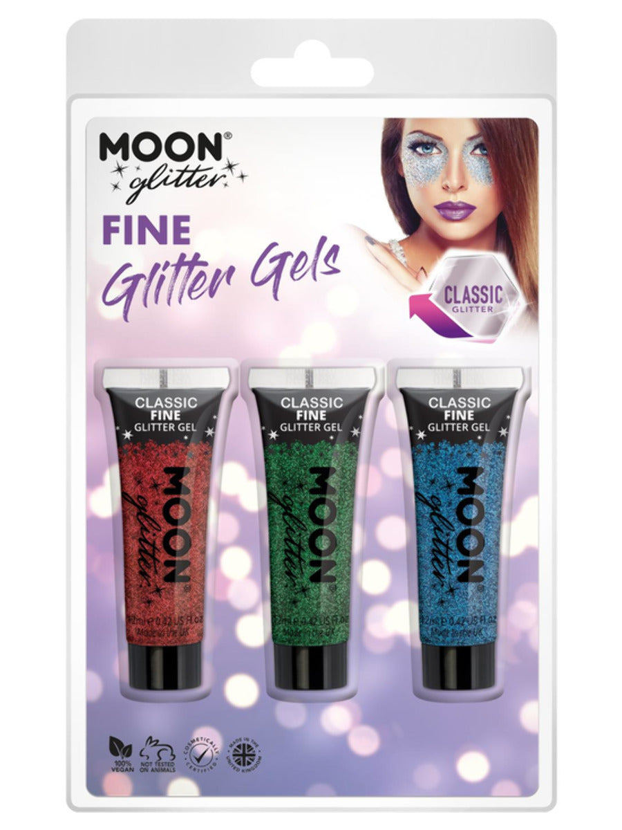 Moon Glitter Classic Fine Glitter Gel, Clamshell, 12ml - Red, Green, Blue