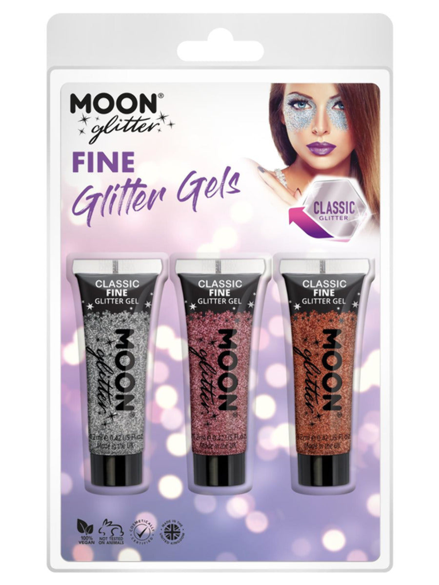 Moon Glitter Classic Fine Glitter Gel, Clamshell, 12ml - Silver, Pink, Copper Bronze