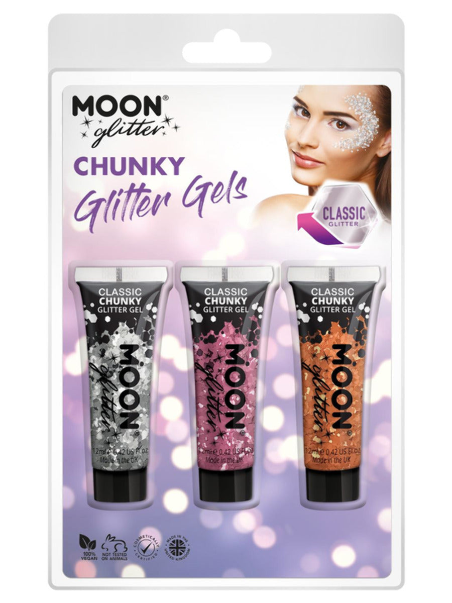 Moon Glitter Classic Chunky Glitter Gel, Clamshell, 12ml - Silver, Pink, Copper Bronze