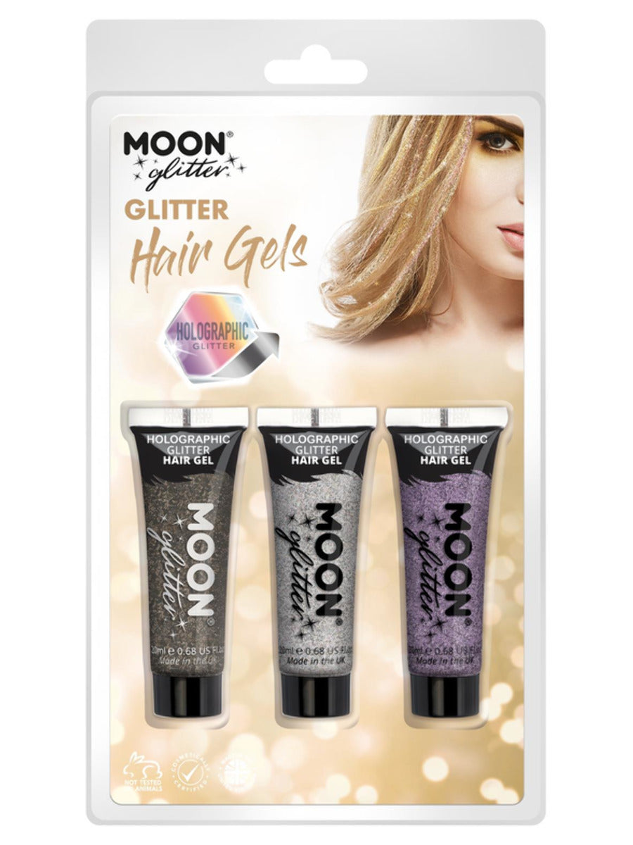 Moon Glitter Holographic Glitter Hair Gel, Clamshell, 20ml - Black, Silver, Purple