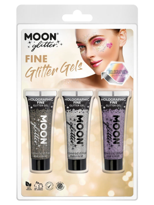 Moon Glitter Holographic Fine Glitter Gel, Clamshell, 12ml - Black, Silver, Purple