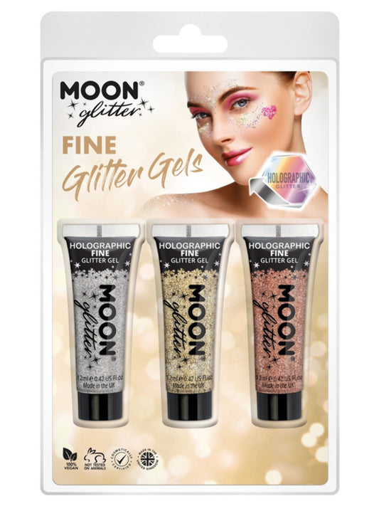 Moon Glitter Holographic Fine Glitter Gel, Clamshell, 12ml - Silver, Gold, Rose Gold