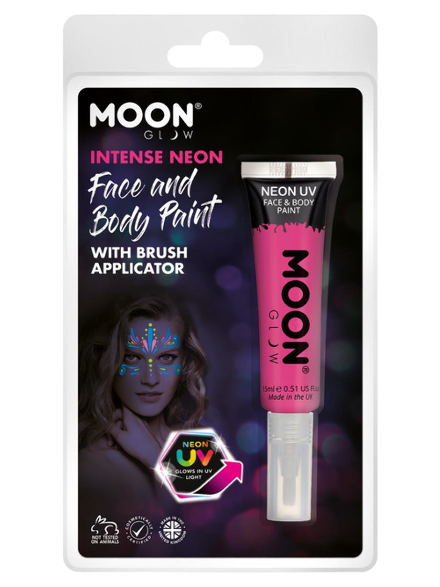 Moon Glow Intense Neon UV Face Paint, Hot Pink, Clamshell, with Brush Applicator, 15ml