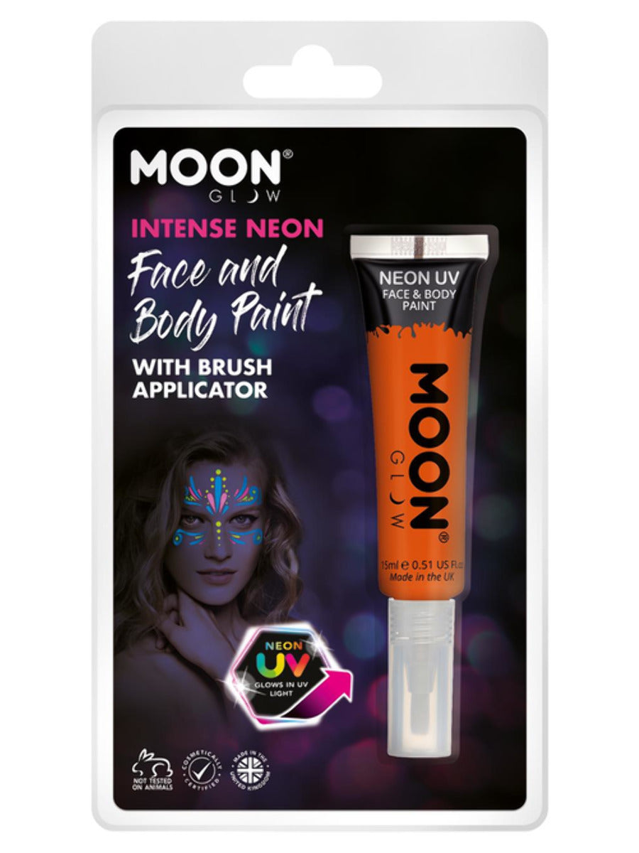 Moon Glow Intense Neon UV Face Paint, Orange, Clamshell, with Brush Applicator, 15ml