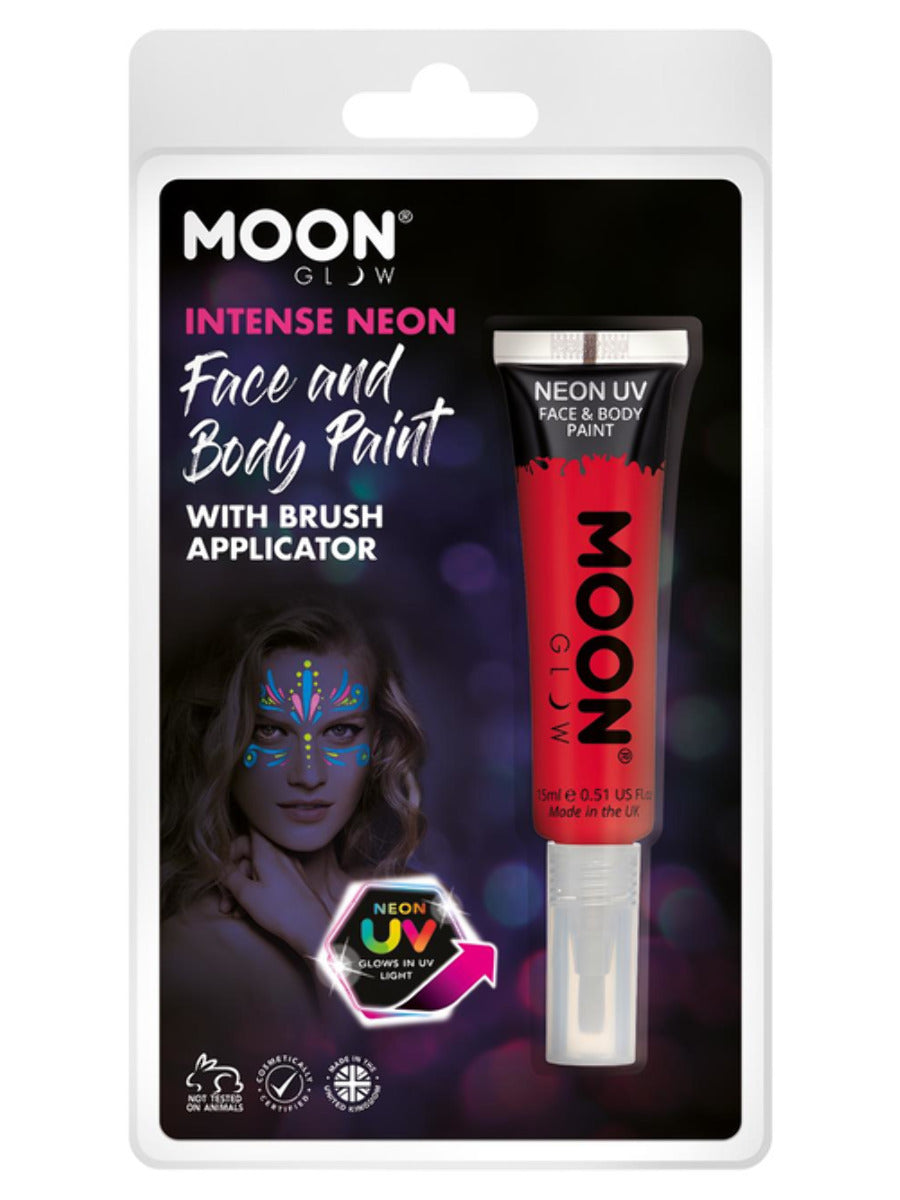 Moon Glow Intense Neon UV Face Paint, Red, Clamshell, with Brush Applicator, 15ml