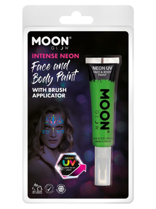 Moon Glow Intense Neon UV Face Paint, Green, Clamshell, with Brush Applicator, 15ml