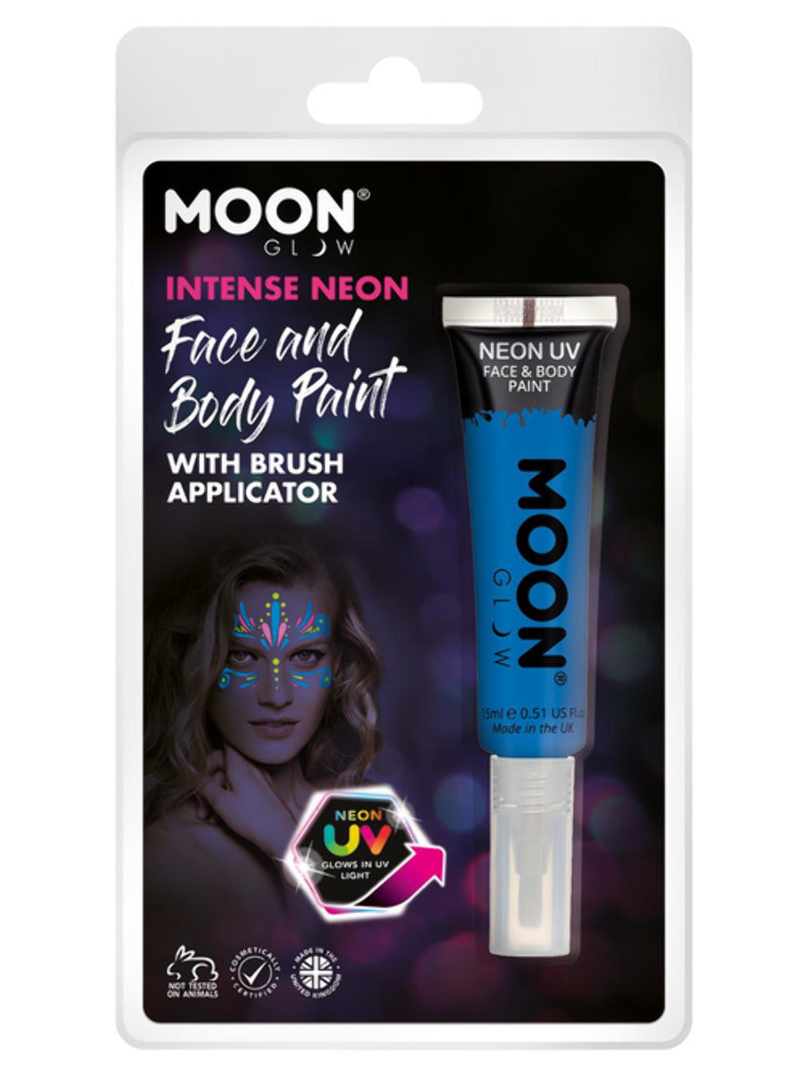 Moon Glow Intense Neon UV Face Paint, Blue, Clamshell, with Brush Applicator, 15ml