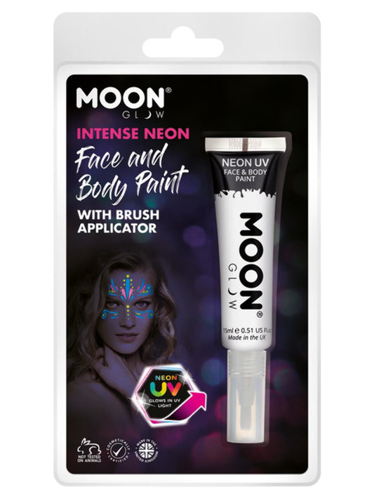 Moon Glow Intense Neon UV Face Paint, White, Clamshell, with Brush Applicator, 15ml