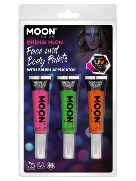 Moon Glow Intense Neon UV Face Paint and Brush, Clamshell, 15ml - Pink, Green, Orange