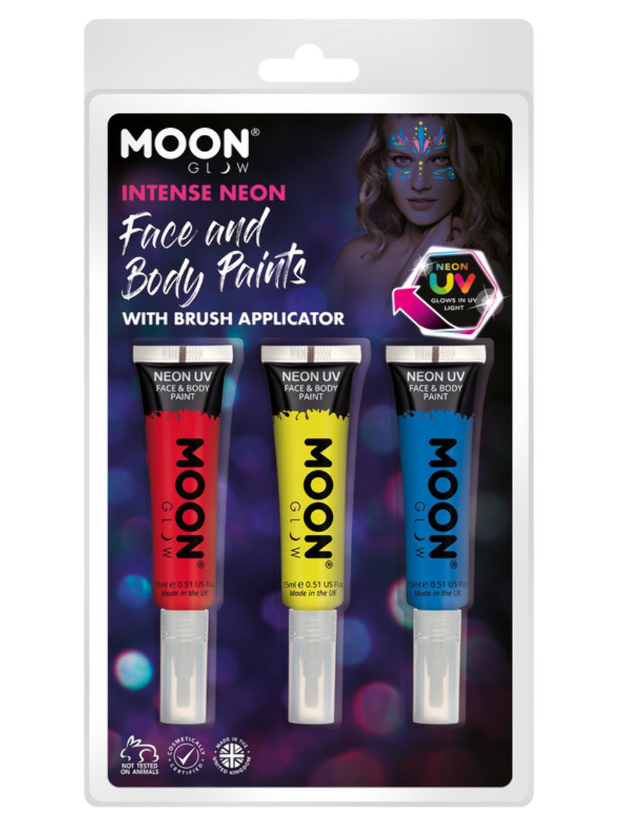 Moon Glow Intense Neon UV Face Paint and Brush, Clamshell, 15ml - Red, Yellow, Blue