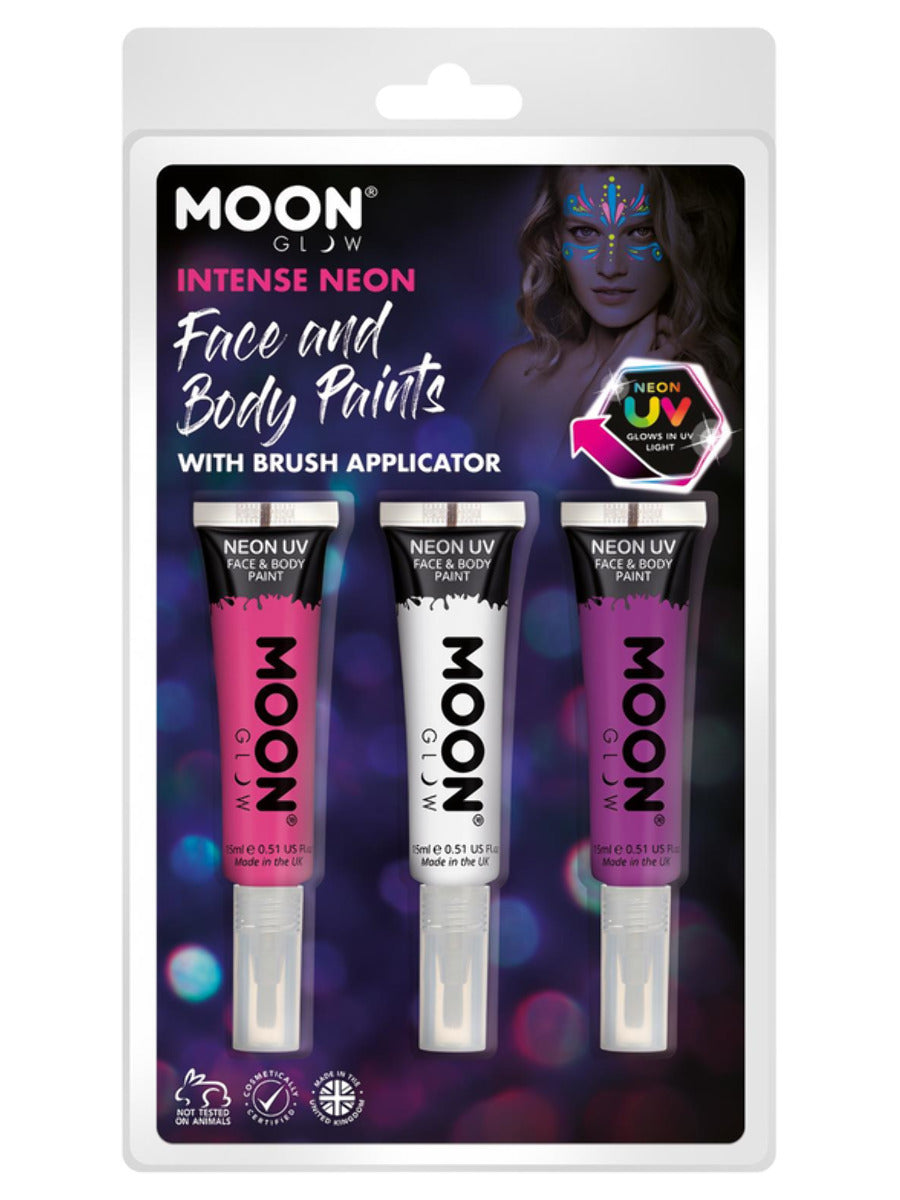 Moon Glow Intense Neon UV Face Paint and Brush, Clamshell, 15ml - Pink, White, Purple