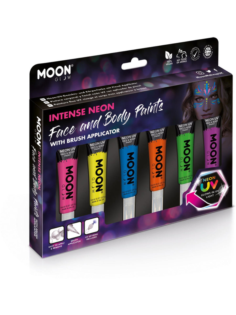 Moon Glow Intense Neon UV Face Paint, Assorted, Boxset, with Brush Applicator, 15ml