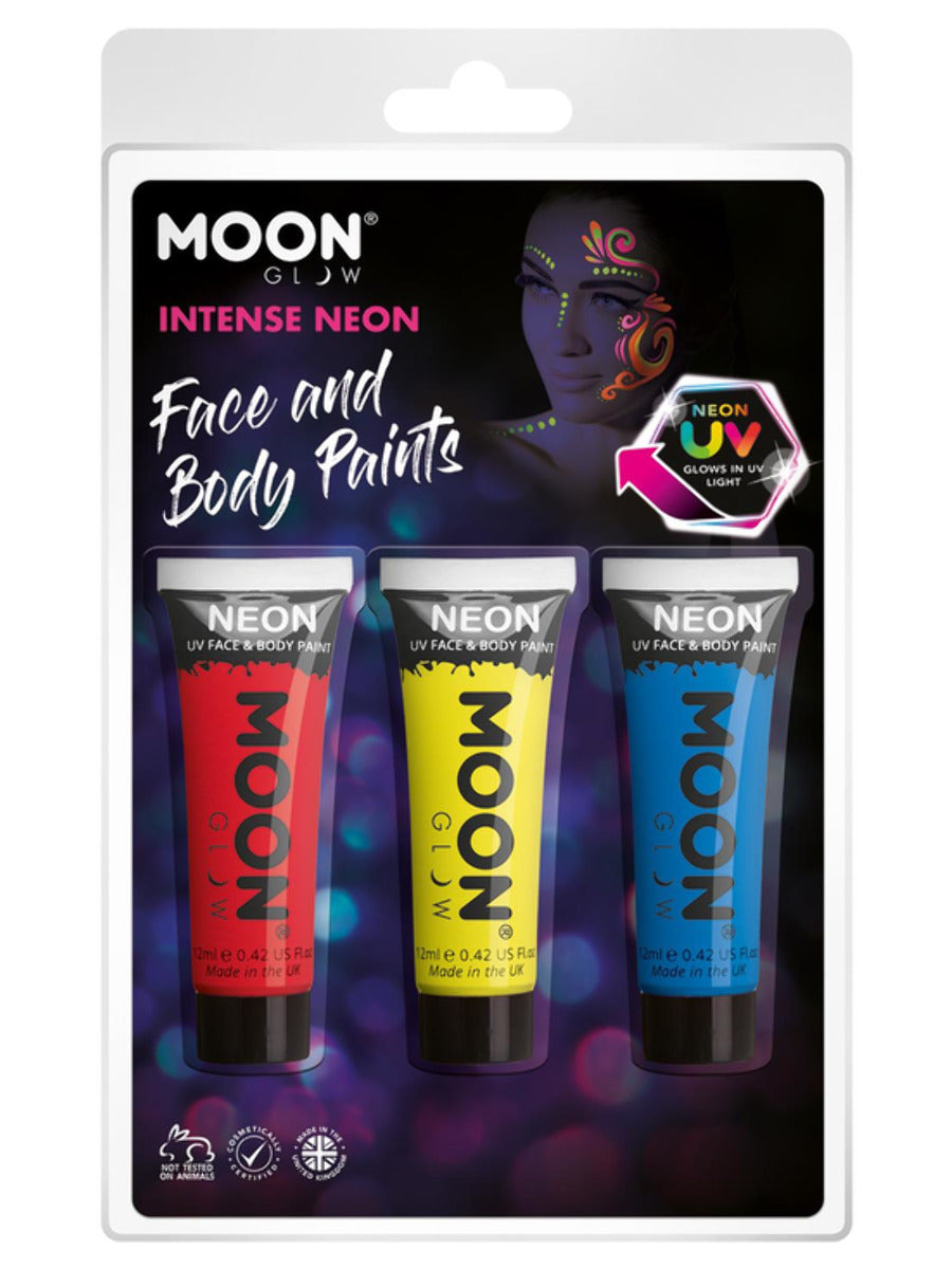 Moon Glow Intense Neon UV Face Paint, Red, Clamshell, 12ml - Red, Yellow, Blue