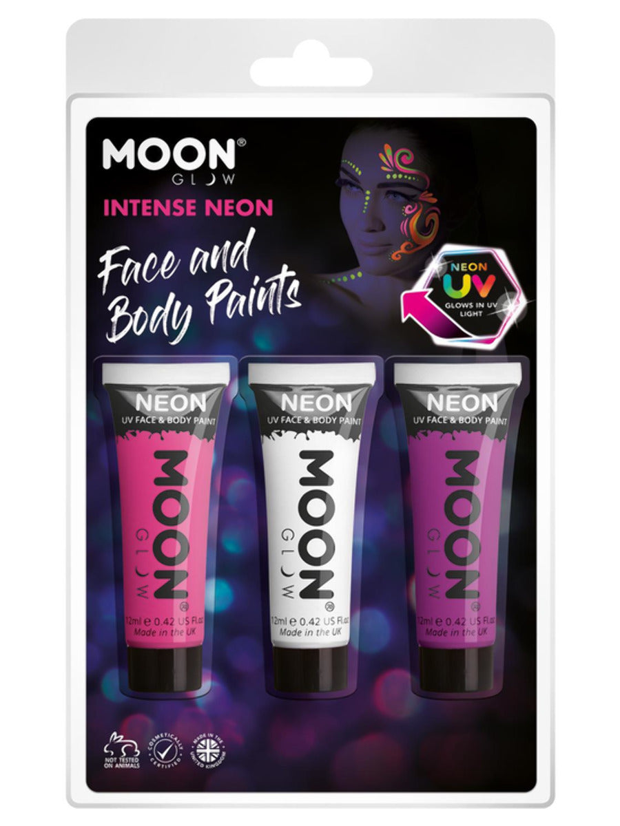 Moon Glow Intense Neon UV Face Paint, Hot Pink, Clamshell, 12ml - Pink, White, Purple