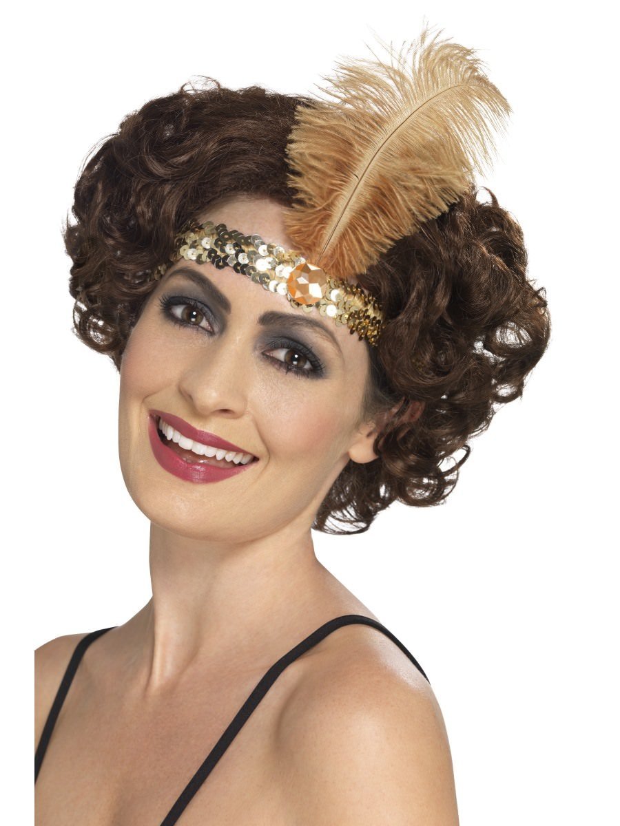 Flapper Headband, Gold, with Feather Wholesale