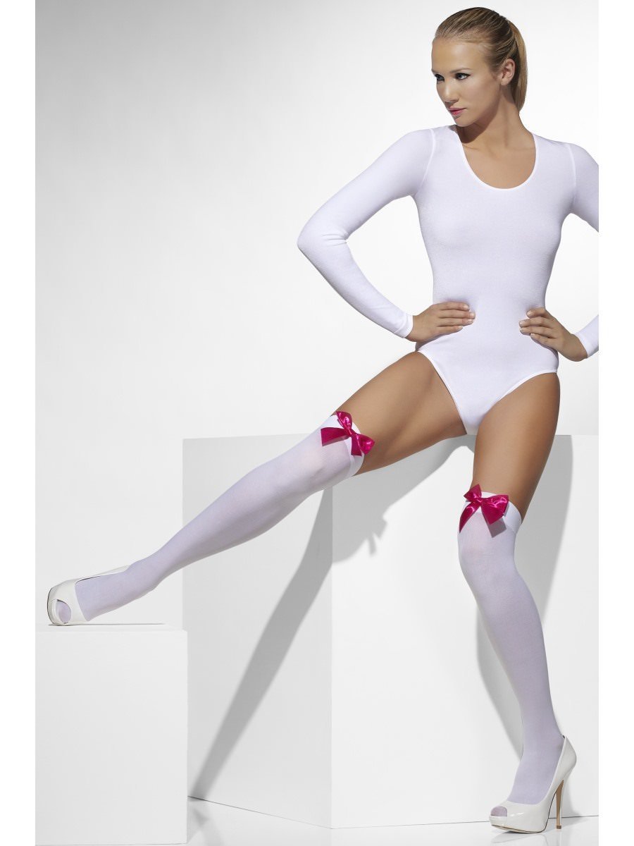 Opaque Hold-Ups, White, with Fuchsia Bows Wholesale