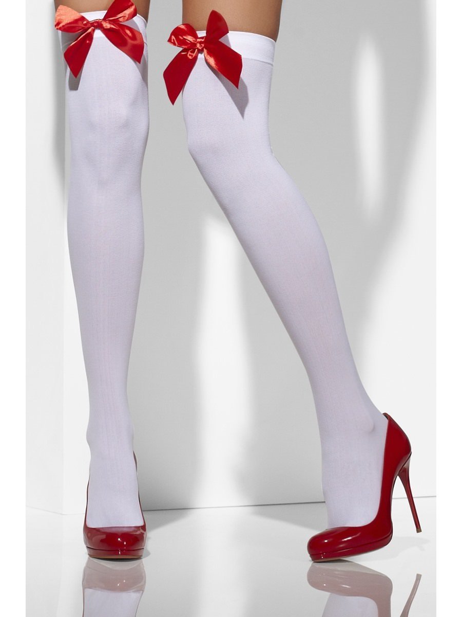 Opaque Hold-Ups, White, with Red Bows Wholesale